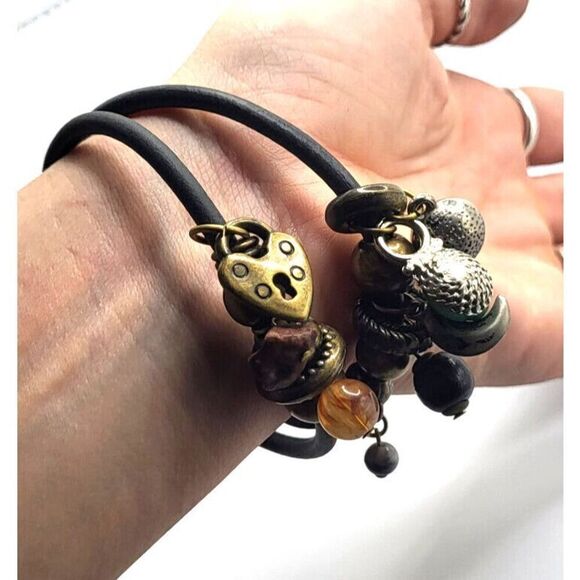 Set of 2 Leather Band with Charm Bracelets 8 in - Picture 1 of 2